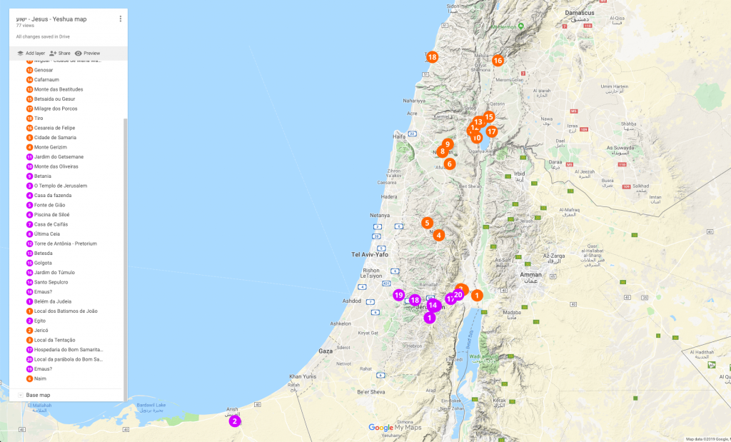 mapa topografico lugares por onde jesus andou em israel