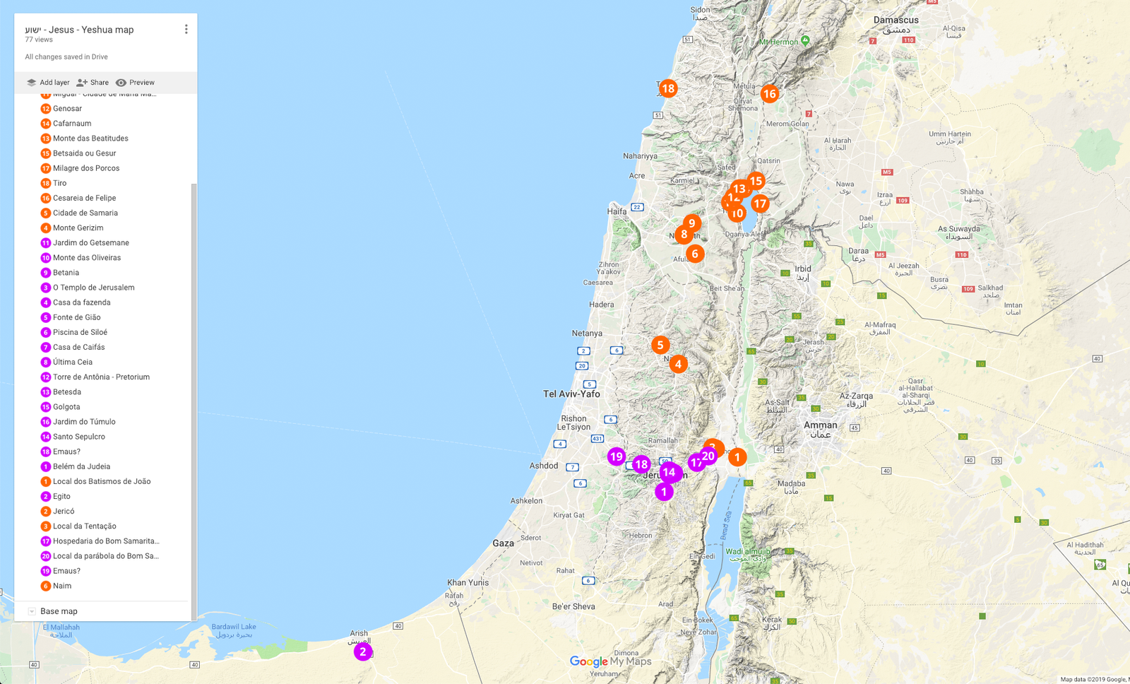 mapa topografico lugares por onde jesus andou em israel