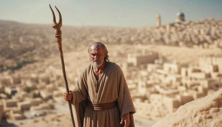ancient man 1000 bce desert background a staff in his hands dramatic lighting ancient jerusalem in background devil next to him