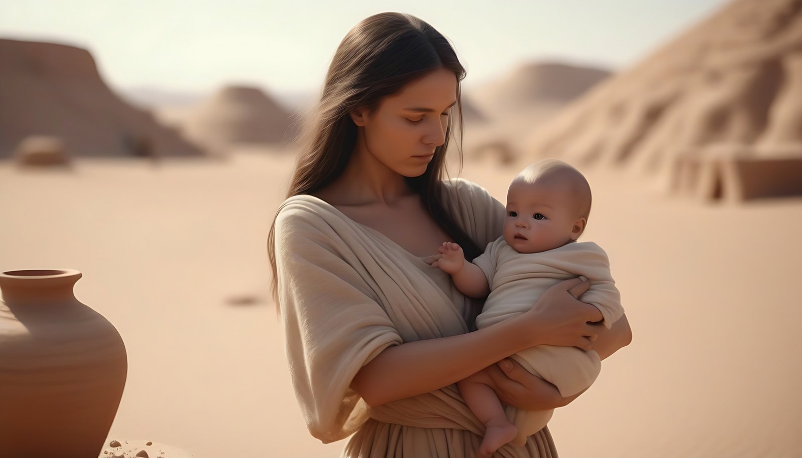create ancient woman 1000 bce with a baby on hands desert background and next to a clay jar lying