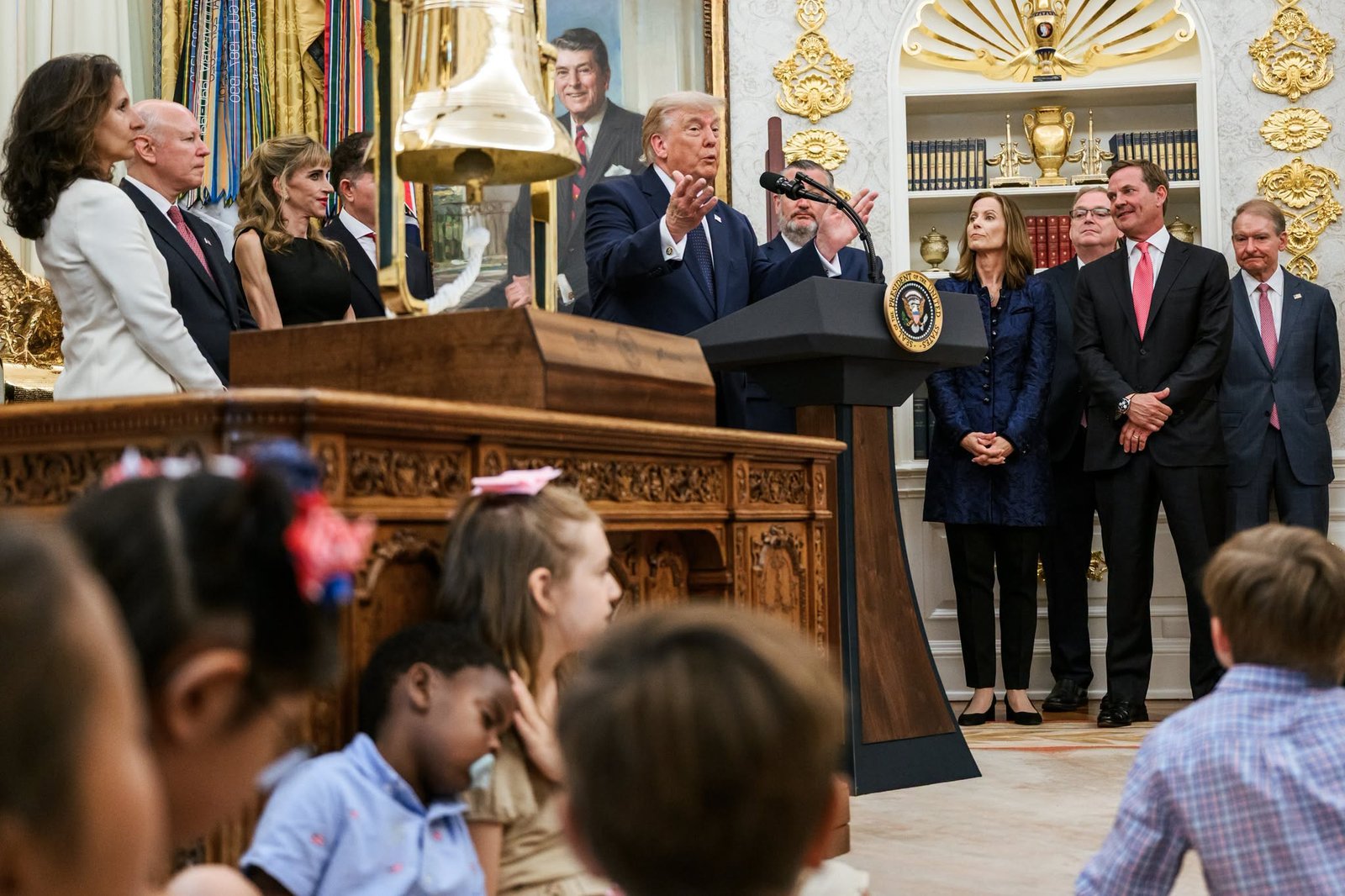 President Donald J. Trump delivers remarks after ringing the opening bell for the New York Stock Exchange and the Nasdaq during an event to launch Trump Accounts, Monday, July 6, 2026, in the Oval Office. (Official White House Photo by Joyce N. Boghosian)