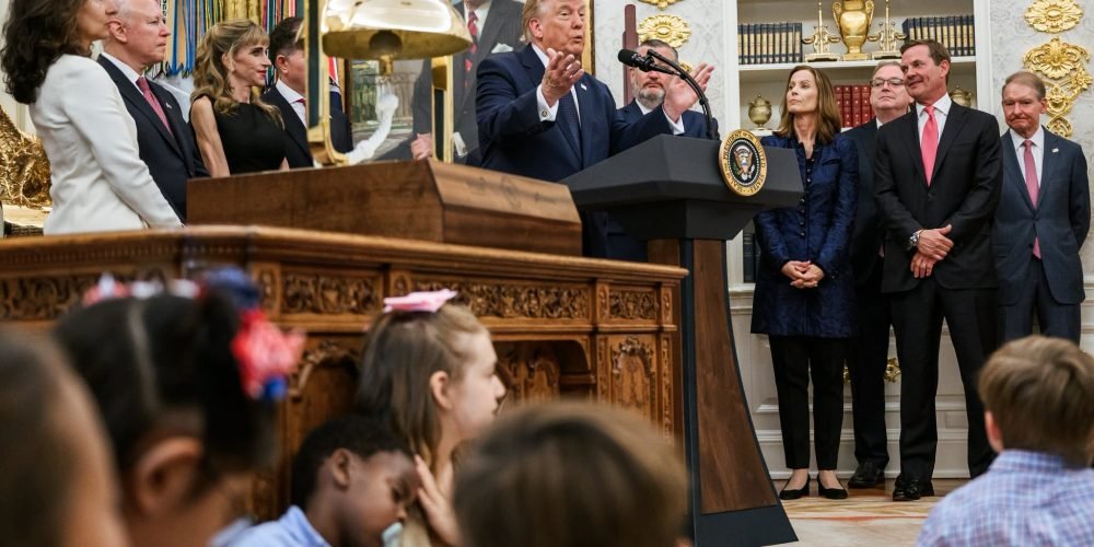 President Donald J. Trump delivers remarks after ringing the opening bell for the New York Stock Exchange and the Nasdaq during an event to launch Trump Accounts, Monday, July 6, 2026, in the Oval Office. (Official White House Photo by Joyce N. Boghosian)