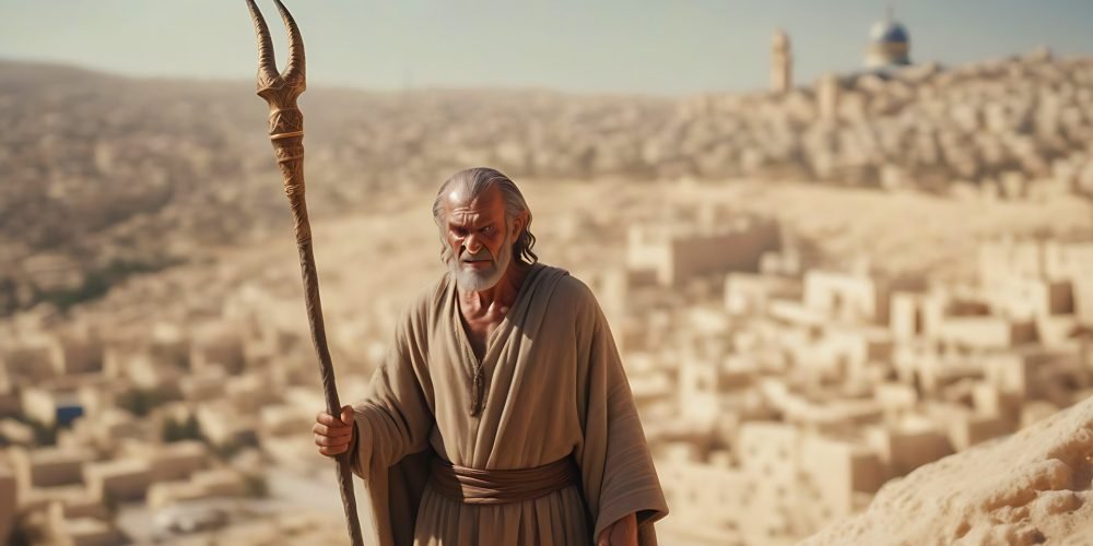 ancient man 1000 bce desert background a staff in his hands dramatic lighting ancient jerusalem in background devil next to him