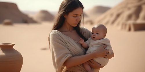 create ancient woman 1000 bce with a baby on hands desert background and next to a clay jar lying