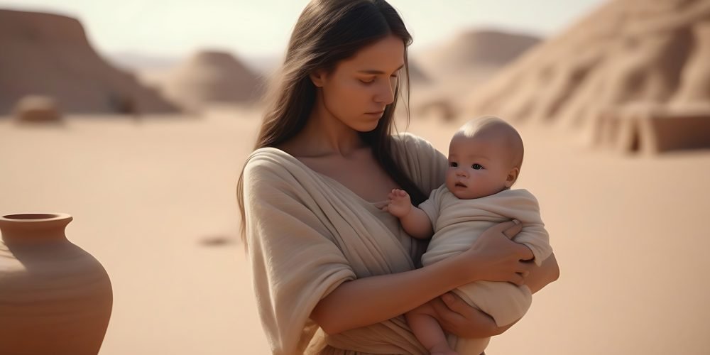 create ancient woman 1000 bce with a baby on hands desert background and next to a clay jar lying