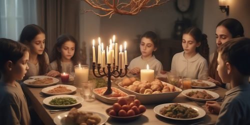 freepik group of jewish family around table with food and 7 branches candles including children and young peoples around 10 people