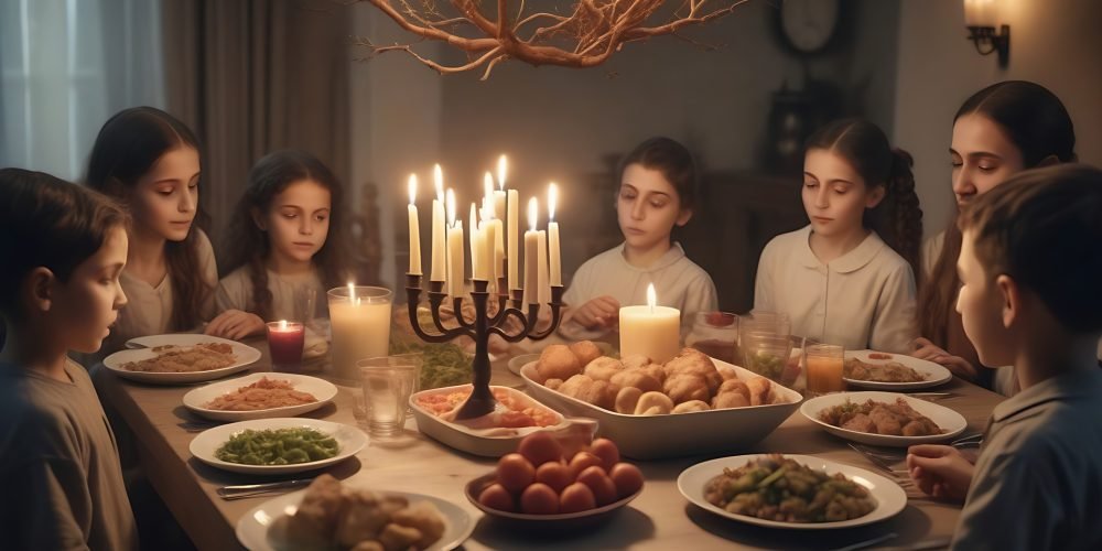 freepik group of jewish family around table with food and 7 branches candles including children and young peoples around 10 people