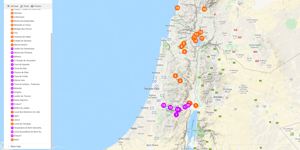 mapa topografico lugares por onde jesus andou em israel